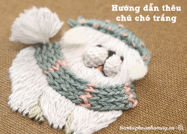 Hướng dẫn thêu chú chó trắng (có mẫu in)