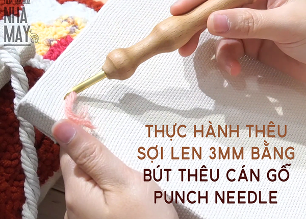 Thực hành thêu sợi len 3mm bằng bút thêu cán gỗ Punch Needle