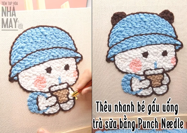 Thêu nhanh bé gấu uống trà sữa bằng len (Punch Needle)