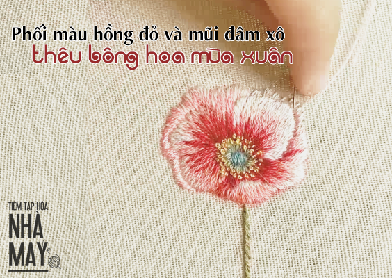 Phối màu hồng đỏ và mũi đâm xô mượt mà thêu bông hoa mùa xuân