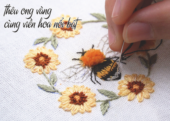 Thêu chị ong vàng cùng viền hoa hướng dương nổi bật (có mẫu in)