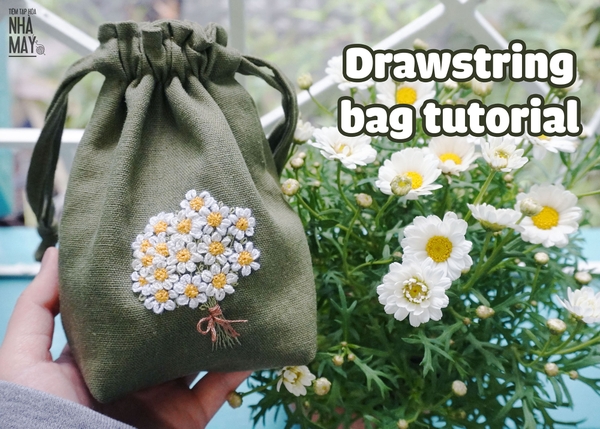Hướng dẫn làm túi dây rút thêu hoa cúc xinh xắn