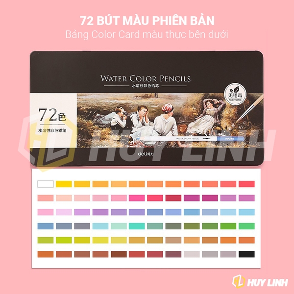 Bộ bút chì màu nước Deli cao cấp 24/36/48/72 Màu - Deli Colored Water Pencils (Hộp thiếc) tùy chọn số lượng khi đặt hàng