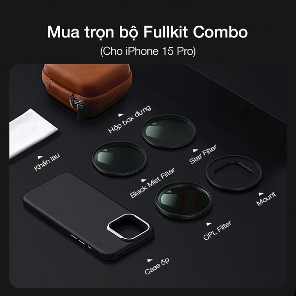 Bộ kit ốp case + Filter và Mount 67mm từ tính hỗ trợ chụp ảnh cho iPhone 15 Pro Promax (6 In 1)