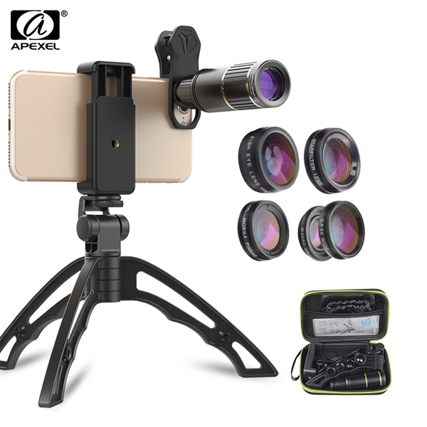 Bộ lens, ống kính đa năng cho điện thoại Apexel 6in1 APL JS16XJJ04D5 - Kèm giá đỡ