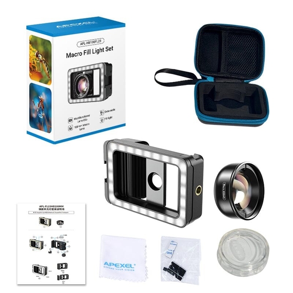 Bộ ống kính macro Apexel 100mm kèm đèn led cho điện thoại APL-HB100FL23 chính hãng