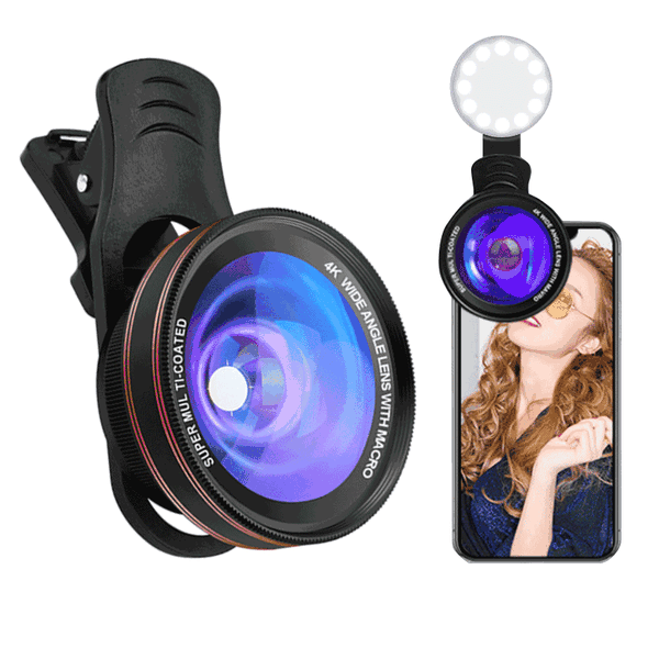 Bộ lens 4K chụp Macro cao cấp 2 IN 1 (0.45 15x và Góc rộng 140 độ) kèm đèn kẹp điện thoại