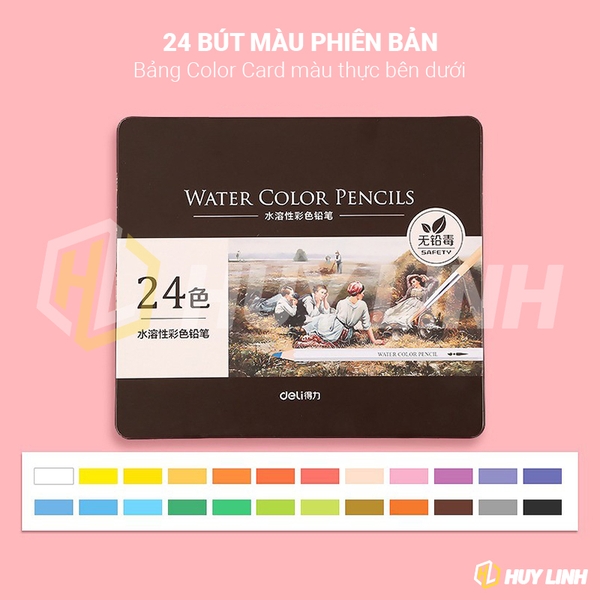 Bộ bút chì màu nước Deli cao cấp 24/36/48/72 Màu - Deli Colored Water Pencils (Hộp thiếc) tùy chọn số lượng khi đặt hàng