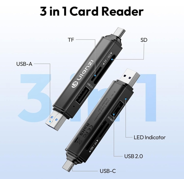 Ulanzi CR1 Đầu đọc thẻ nhớ 3 IN 1 hỗ trợ SD / Micro SD đèn led báo tín hiệu chính hãng