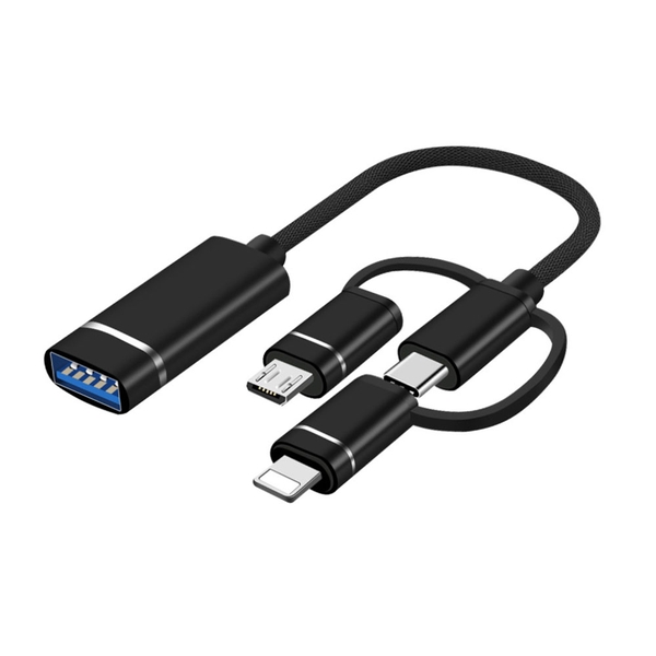 Cáp OTG kết nối phụ kiện AIO cổng Lightning + Type-C và Micro ra USB 3.0 - Nhôm nguyên khối dài 18cm HL405 | Huy Linh