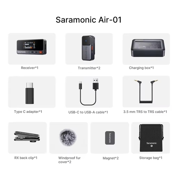 Saramonic Air 01 micro không dây siêu nhẹ 2 TX 1 RX tích hợp màn hình màu 1,05 inch chính hãng