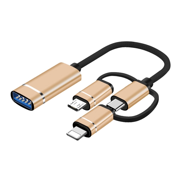 Cáp OTG kết nối phụ kiện AIO cổng Lightning + Type-C và Micro ra USB 3.0 - Nhôm nguyên khối dài 18cm HL405