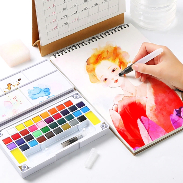 Bộ Màu Nước Solid Water Color Cao Cấp 12/18/24/36 Màu kèm 2 Bút Nước, 2 Mút, và 1 Palette đựng màu