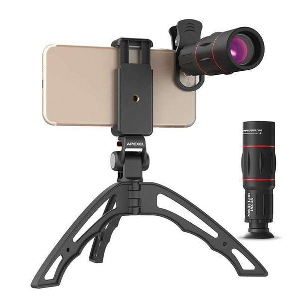 Bộ lens kit Apexel 4in1 tele 18x, mắt cá, góc rộng, macro cho điện thoại - Kèm tripod