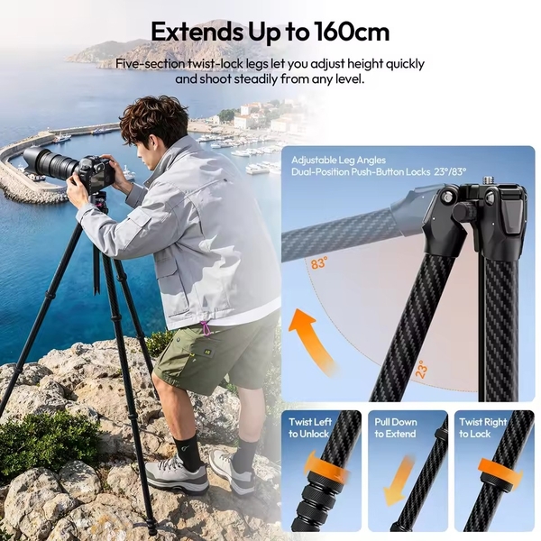 Chân máy Ulanzi TZ01 chất liệu sợi carbon trọng lượng nhẹ kèm tấm đế tháo nhanh và kẹp điện thoại