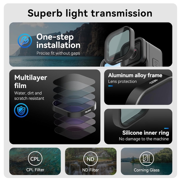 Bộ kính lọc Telesin ND & CPL Lens Filters Set sử dụng cho GoPro Hero 12/11/ 10/ 9/ Mini chính hãng