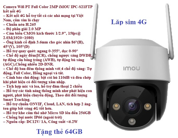 Camera IP Wifi 2MP IMOU IPC-S21FTP (2MP, quay 360 độ ngoài trời, kết nối 4G, có màu, đàm thoại 2 chiều) Tặng thẻ 64Gb