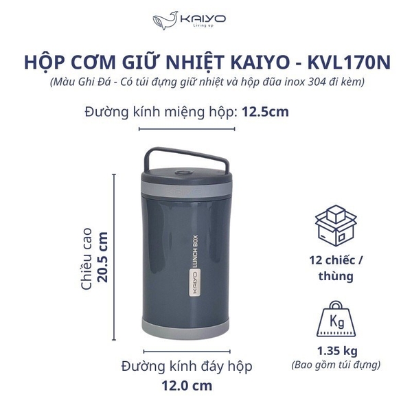 Hộp cơm giữ nhiệt Kaiyo dung tích 1.700ml màu ghi Đá