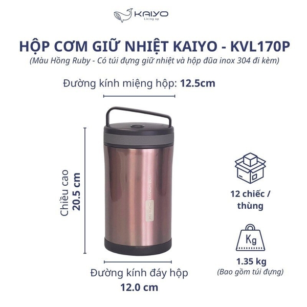 Hộp cơm giữ nhiệt Kaiyo dung tích 1.700ml màu hồng Ruby