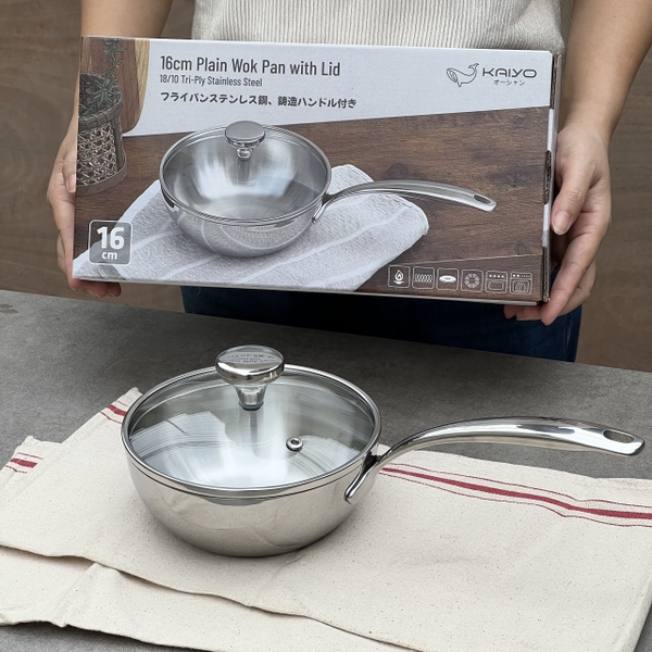 Chảo đúc Inox 3 lớp đáy liền sây lòng Tri-ply có vung kính Kaiyo, 16cm