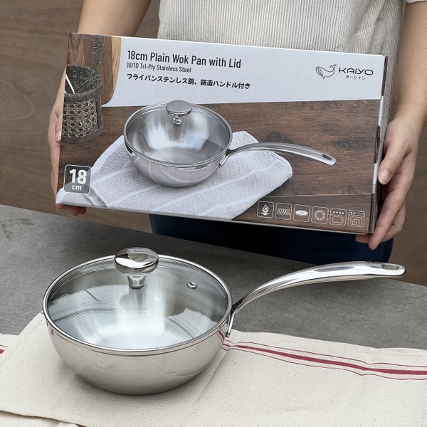 Chảo đúc Inox 3 lớp đáy liền sây lòng Tri-ply có vung kính Kaiyo, 18cm