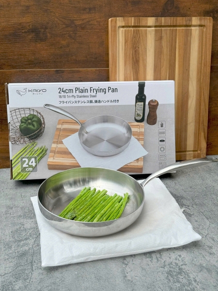 Chảo đúc inox 3 lớp đáy liền Tri-ply Kaiyo, dáng cạn size 24cm
