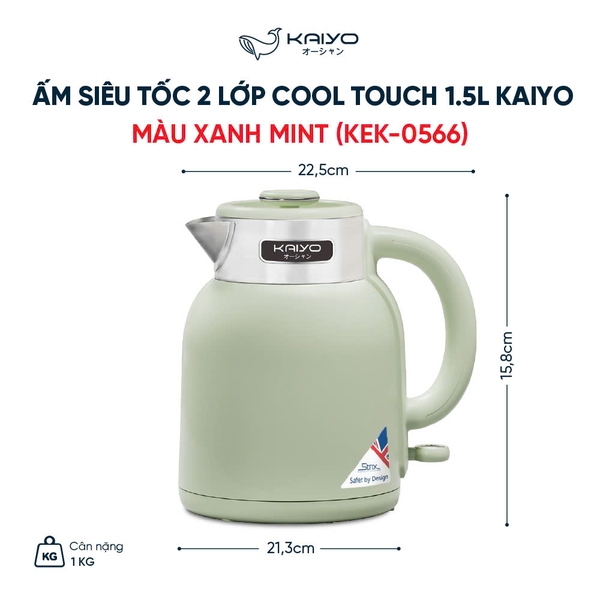 Ấm siêu tốc 2 lớp cool touch 1,5L Kaiyo, màu xanh mint