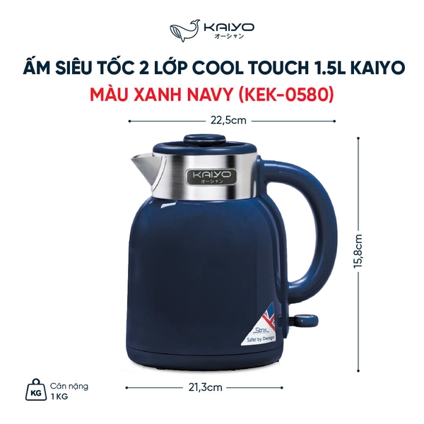 Ấm siêu tốc 2 lớp cool touch 1,5L Kaiyo, màu xanh navy
