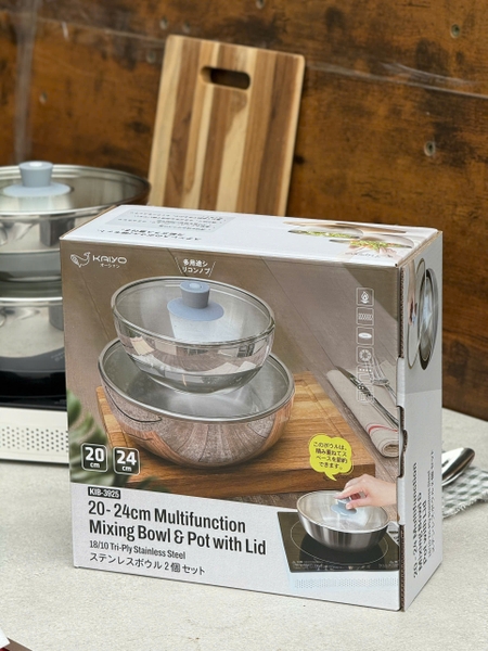 Bộ 2 nồi inox đa năng kiêm âu đựng thực phẩm Kaiyo - dáng tròn, size20,24 cm