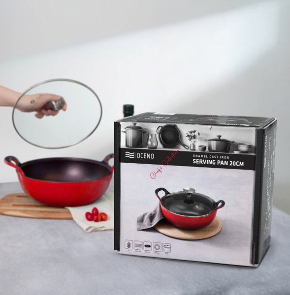 Chảo gang Oceno sâu lòng có vung kính màu đỏ 20cm