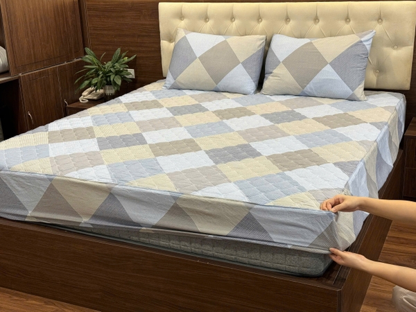 Bộ ga chần cotton 100% kèm 2 vỏ gối Kawa - size 1.8x2m, mẫu kẻ xanh
