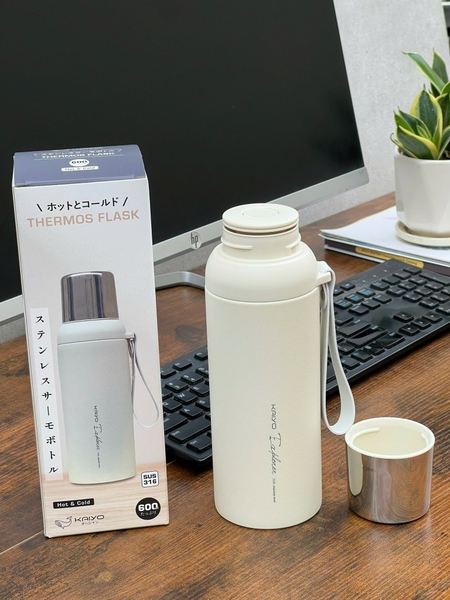 Bình giữ nhiệt 2 lớp inox Kaiyo màu be, dung tích 600ml