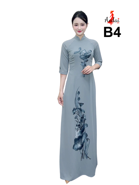 Áo dài B4 màu Ghi thêu hoa sen cổ cao 3cm tay lỡ Áo dài may sẵn