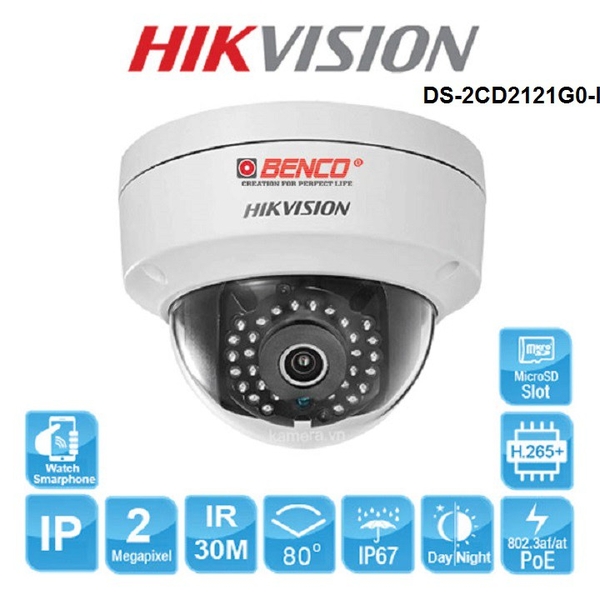 Camera IP Dome 2MP H265+ Hikvision DS-2CD2121G0-IWS