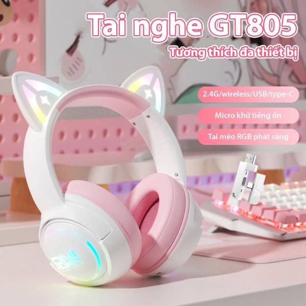 TAI NGHE ONIKUMA GT838 Tri-Mode (2.4G+Bluetooth+Wired) White Pink