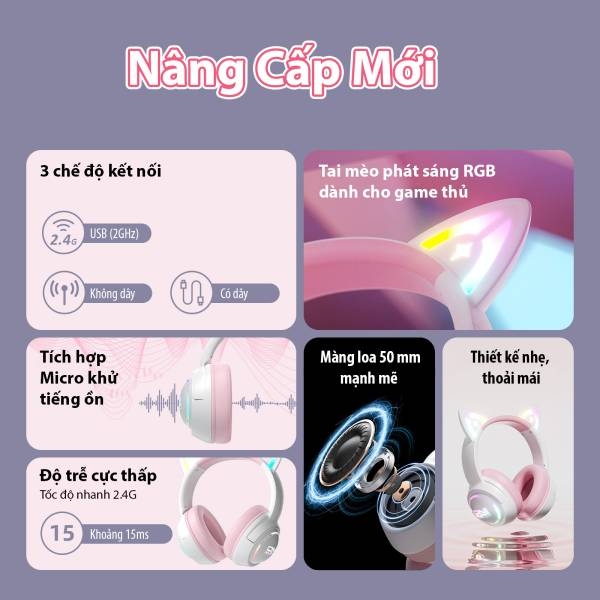 TAI NGHE ONIKUMA GT838 Tri-Mode (2.4G+Bluetooth+Wired) White Pink