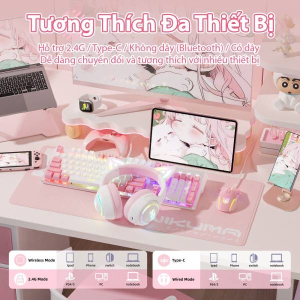TAI NGHE ONIKUMA GT838 Tri-Mode (2.4G+Bluetooth+Wired) White Pink