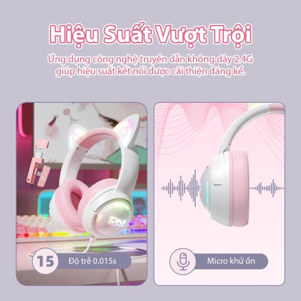 TAI NGHE ONIKUMA GT838 Tri-Mode (2.4G+Bluetooth+Wired) White Pink