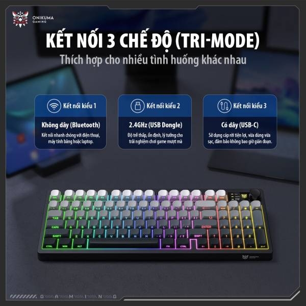 Bàn Phím Giả Cơ ONIKUMA MT902 – 3 Chế Độ Kết Nối, LED RGB, Keycap Phối Màu Độc Đáo
