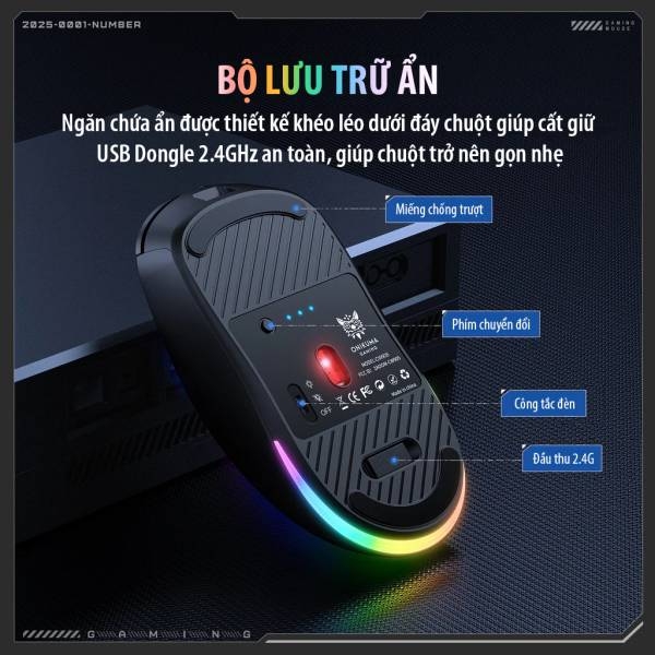 Chuột ONIKUMA CW935 Triple-Mode Ergonomic Wireless Gaming Mouse with 6 DPI Settings & Hidden Receiver