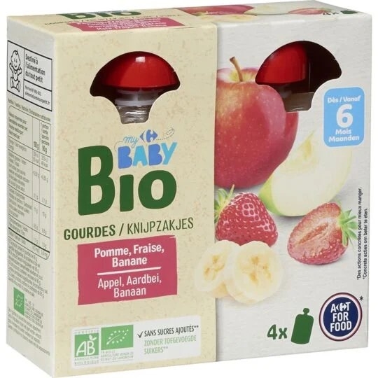 Trái cây nghiền BabyBio Carrefour hữu cơ dạng túi cho bé từ 6 tháng tuổi