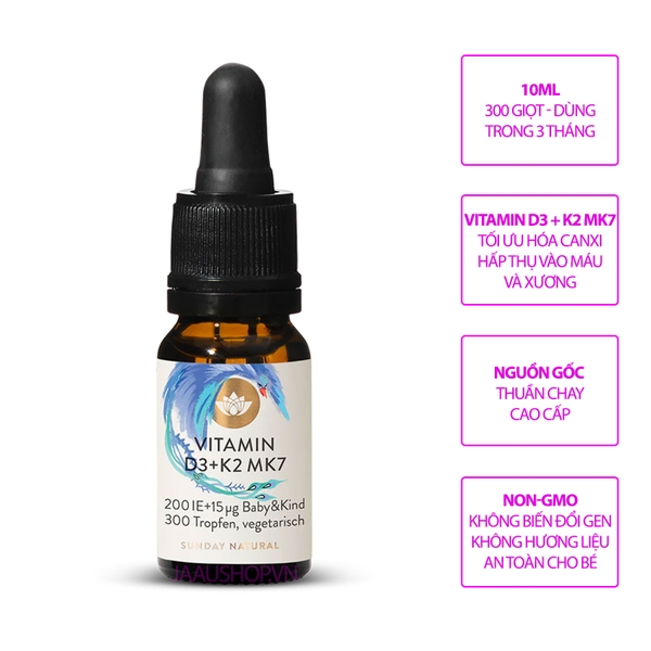 Vitamin D3 K2 MK7 200IE 15 µg Baby & Kind Sunday Natural 10ml Mẫu Mới