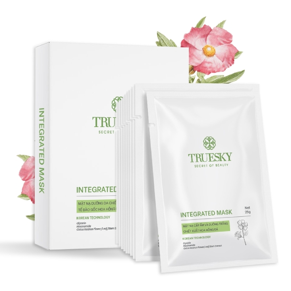 Hộp 10 miếng mặt nạ cấp ẩm và dưỡng trắng Truesky Integrated Mask chiết xuất hoa hồng đá 25g/miếng