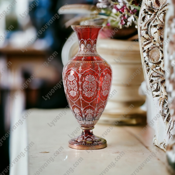 Bình hoa pha lê đỏ Egermann 46.5cm Tiệp Khắc họa tiết mài hoa văn cổ điển