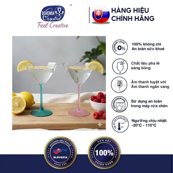 Bộ 6 Ly Martini Bohemia Pha Lê Tiệp 280ml Màu Xanh & Hồng