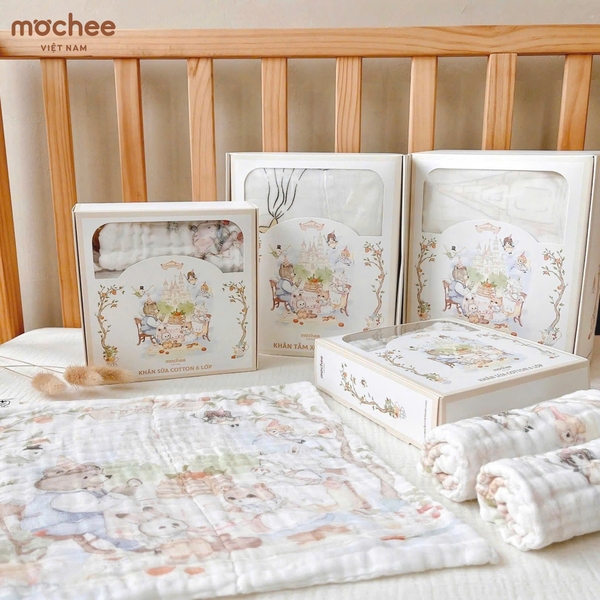 Hộp 3 Khăn sữa Cotton 6 lớp Hoạ tiết Cổ tích Mochee