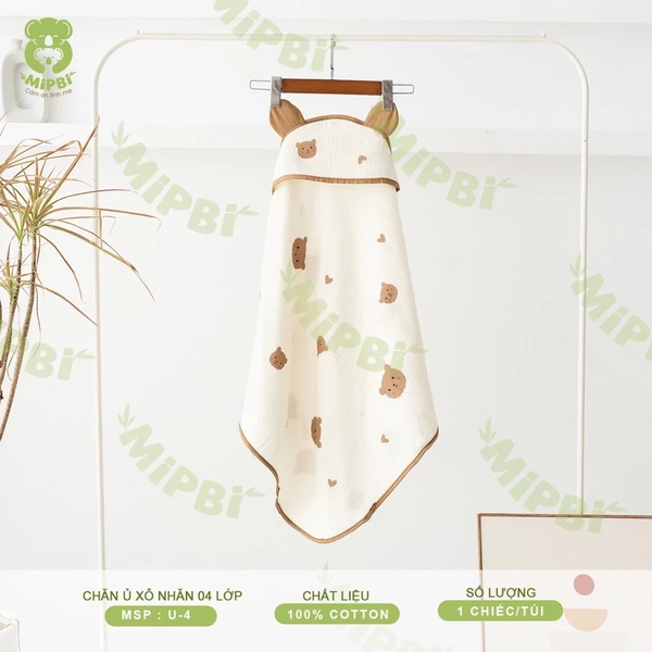Ủ CHOÀNG XÔ MUSLIN MIPBI (Hoạ tiết gấu tim to)
