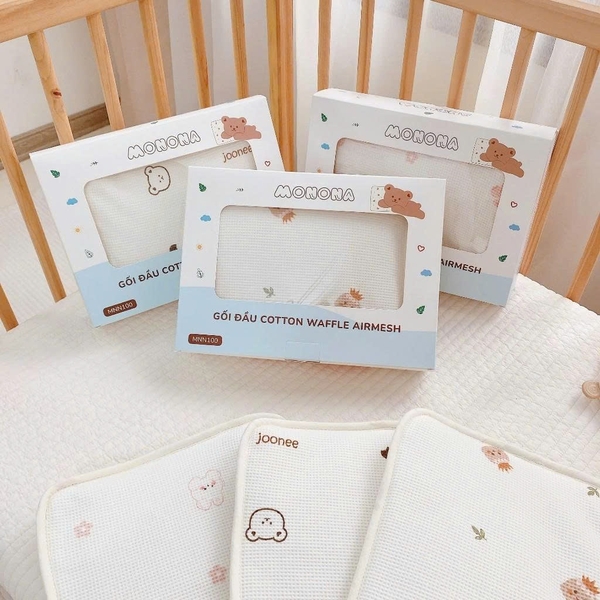 Gối đầu cotton waffle, lót đầu thêu họa tiết Monona cho bé MNN100