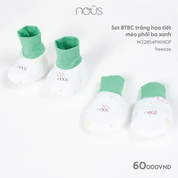 Set BTBC trắng hoạ tiết mèo phối bo xanh