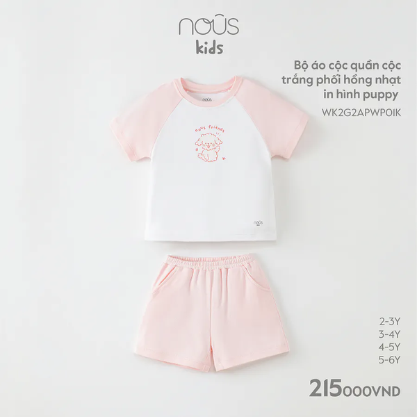 Bộ áo cộc quần cộc trắng phối hồng nhạt in hình puppy 2Y-5Y